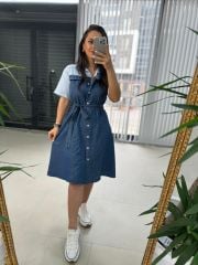 Dr 2624 Mavi Gömlek Detaylı Denim Elbise