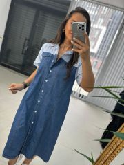 Dr 2624 Mavi Gömlek Detaylı Denim Elbise