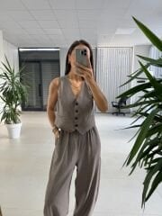 Kk 8001 Vizon Maskülen Düğmeli Yelek ve Şalvar Kesim Pantolon İkili Takım