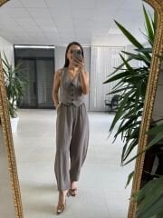 Kk 8001 Vizon Maskülen Düğmeli Yelek ve Şalvar Kesim Pantolon İkili Takım