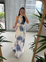 My 3242 Pembe Geçişli Halter Şifon Elbise