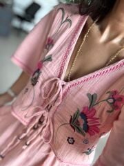 Np 8016 Pembe Bağlamalı Müslin Nakışlı Takım