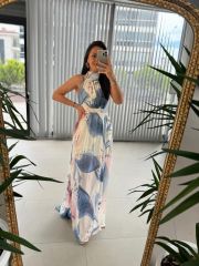 My 3242 Pembe Geçişli Halter Şifon Elbise