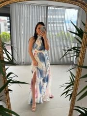 My 3242 Pembe Geçişli Halter Şifon Elbise