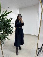 Ms 2894 Gizli Fermuar Detaylı Tensel Siyah Elbise