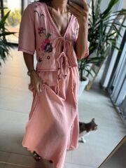 Np 8016 Pembe Bağlamalı Müslin Nakışlı Takım