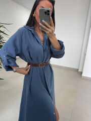 Fp 3270 Kemerli Tensel İndigo Gömlek Elbise