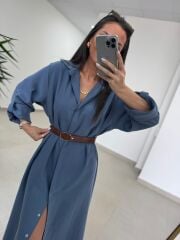 Fp 3270 Kemerli Tensel İndigo Gömlek Elbise