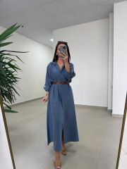 Fp 3270 Kemerli Tensel İndigo Gömlek Elbise