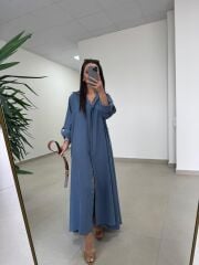 Fp 3270 Kemerli Tensel İndigo Gömlek Elbise