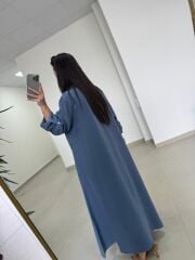 Fp 3270 Kemerli Tensel İndigo Gömlek Elbise