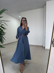 Fp 3270 Kemerli Tensel İndigo Gömlek Elbise