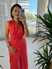Mc 5946 Pocket Detailed Cotton Linen Coral Dress