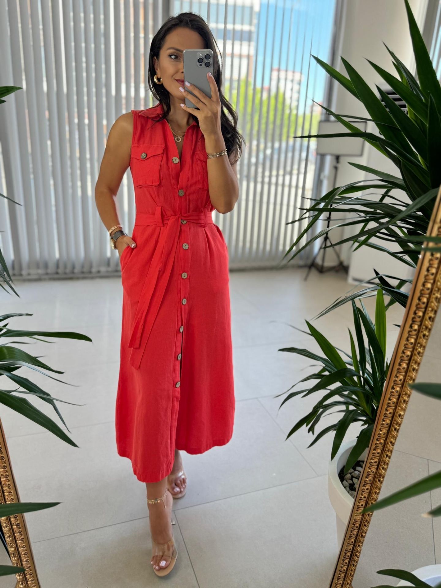 Mc 5946 Pocket Detailed Cotton Linen Coral Dress