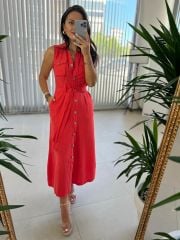 Mc 5946 Pocket Detailed Cotton Linen Coral Dress
