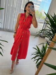 Mc 5946 Pocket Detailed Cotton Linen Coral Dress