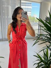 Mc 5946 Pocket Detailed Cotton Linen Coral Dress