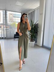 My 3718 Haki Broş Detaylı Krep Elbise