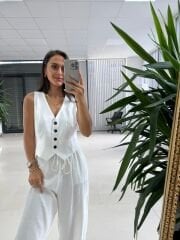 Kk 8001 Beyaz Maskülen Düğmeli Yelek ve Şalvar Kesim Pantolon İkili Takım