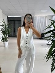 Kk 8001 Beyaz Maskülen Düğmeli Yelek ve Şalvar Kesim Pantolon İkili Takım