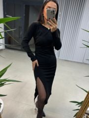 Mc Yan Pile Detaylı Siyah Elbise