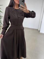 El 2339 Kendinden Kemerli Kahve Elbise