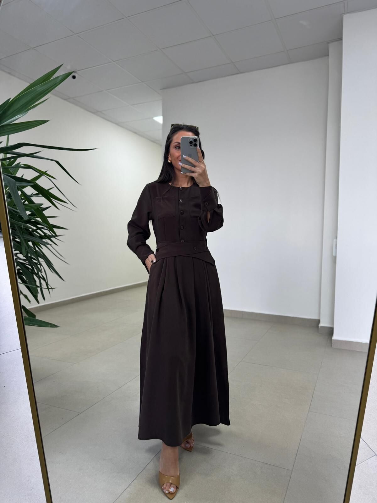 Fl 2339 Kendinden Kemerli Kahve Elbise