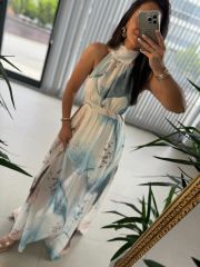 My 3242 Mavi Geçişli Halter Şifon Elbise