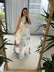 My 3242 Mavi Geçişli Halter Şifon Elbise