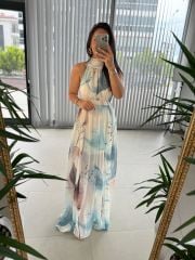 My 3242 Mavi Geçişli Halter Şifon Elbise