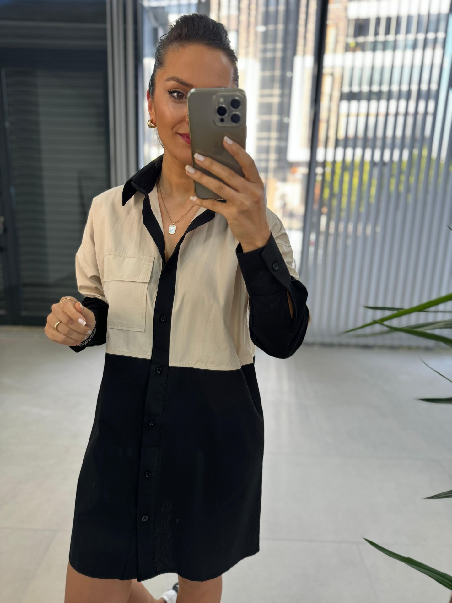 Ms Bej-Siyah Poplin Gömlek Elbise