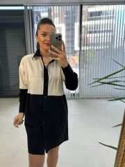 Ms Bej-Siyah Poplin Gömlek Elbise