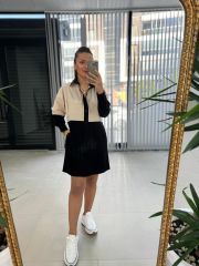 Ms Bej-Siyah Poplin Gömlek Elbise