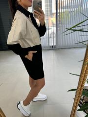Ms Bej-Siyah Poplin Gömlek Elbise