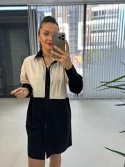 Ms Bej-Siyah Poplin Gömlek Elbise
