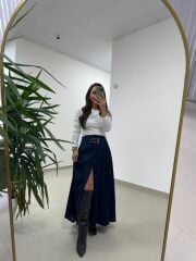 Mz 22452 Kemer Detaylı Denim Etek