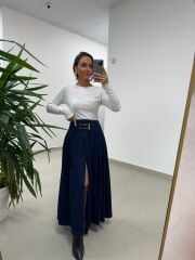 Mz 22452 Kemer Detaylı Denim Etek