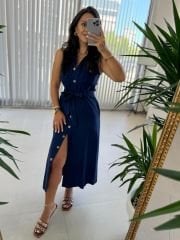 Mc 5946 Cep Detaylı Pamuk Keten Laci Elbise