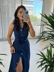 Mc 5946 Cep Detaylı Pamuk Keten Laci Elbise