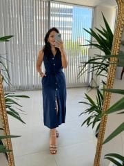 Mc 5946 Cep Detaylı Pamuk Keten Laci Elbise