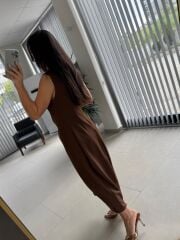 My 3718 Kahve Broş Detaylı Krep Elbise