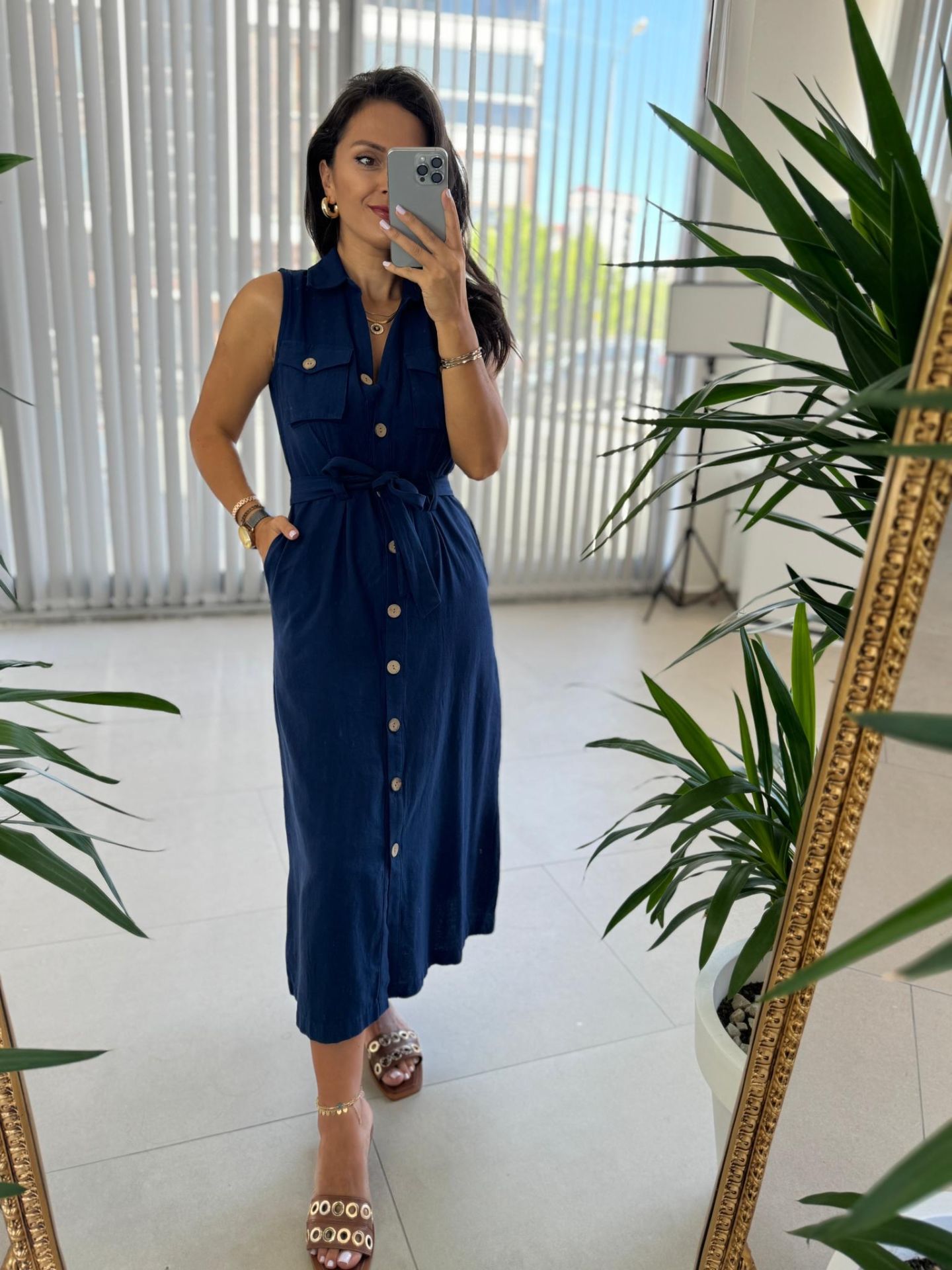 Mc 5946 Cep Detaylı Pamuk Keten Laci Elbise