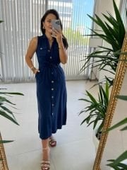 Mc 5946 Cep Detaylı Pamuk Keten Laci Elbise