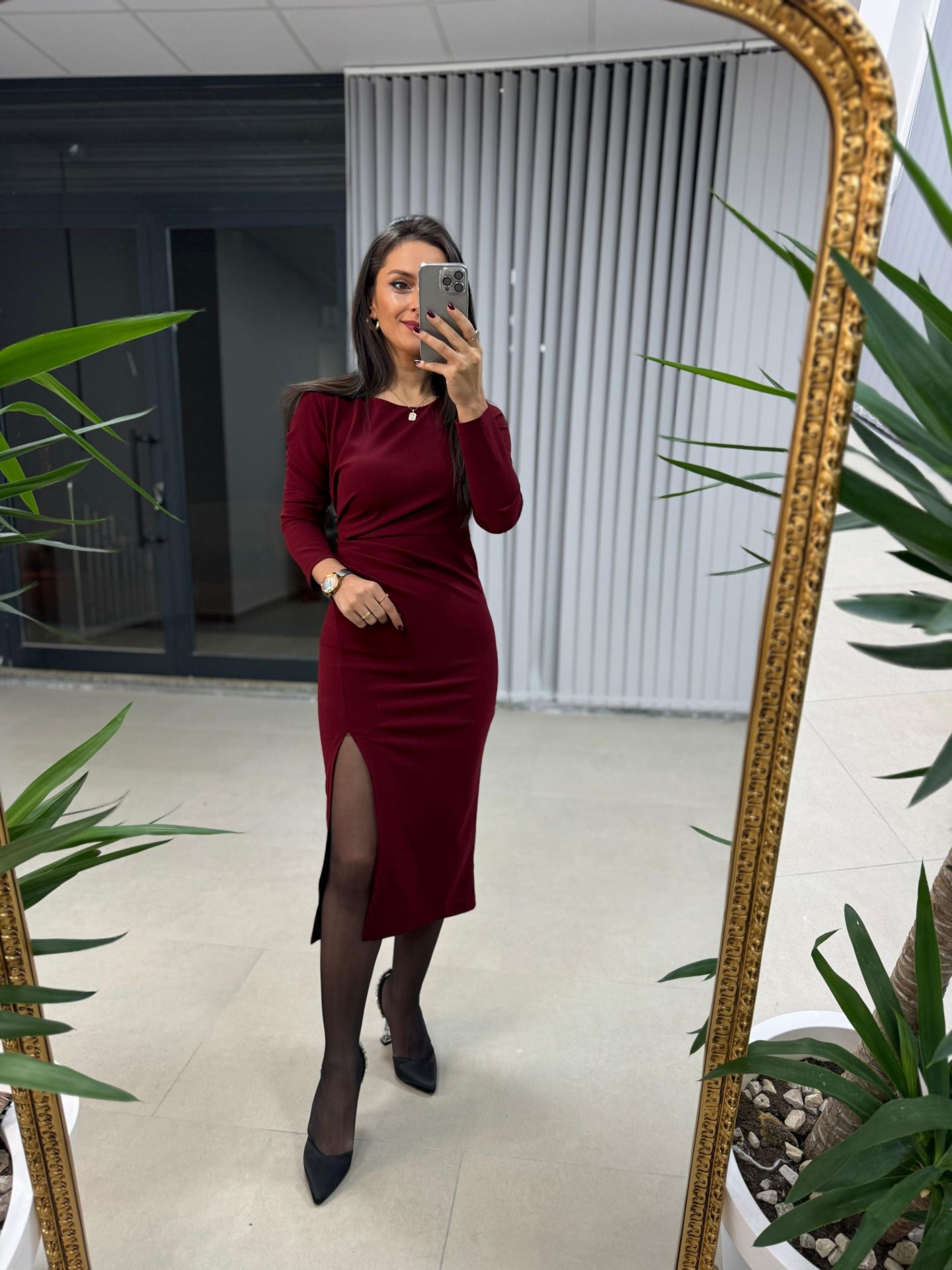 Burgundy Dress with Mc Side Pleat Detail