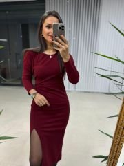 Burgundy Dress with Mc Side Pleat Detail