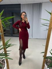 Burgundy Dress with Mc Side Pleat Detail