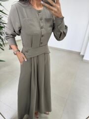 El 2339 Kendinden Kemerli Haki Elbise