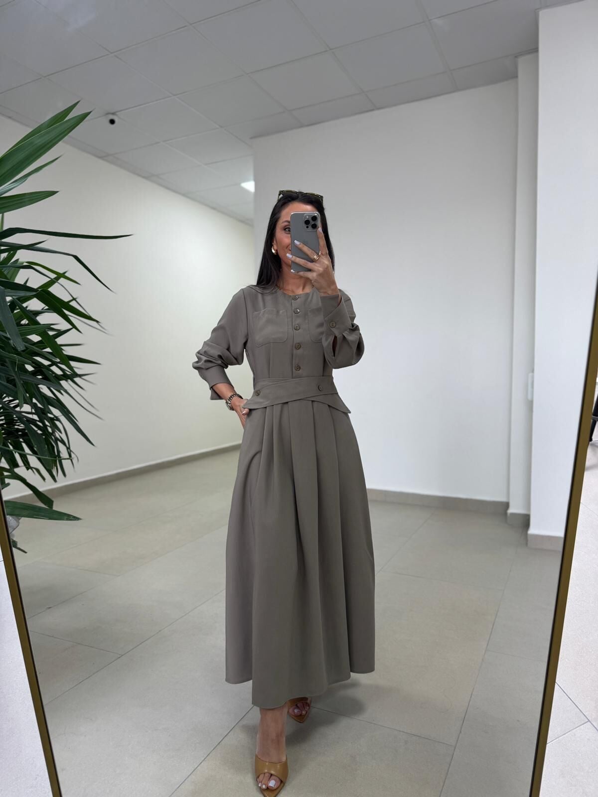 Fl 2339 Kendinden Kemerli Haki Elbise