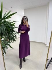 Ms 2894 Gizli Fermuar Detaylı Tensel Mürdüm Elbise