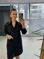 Ms Siyah Yaka Taşlı Poplin Gömlek Elbise